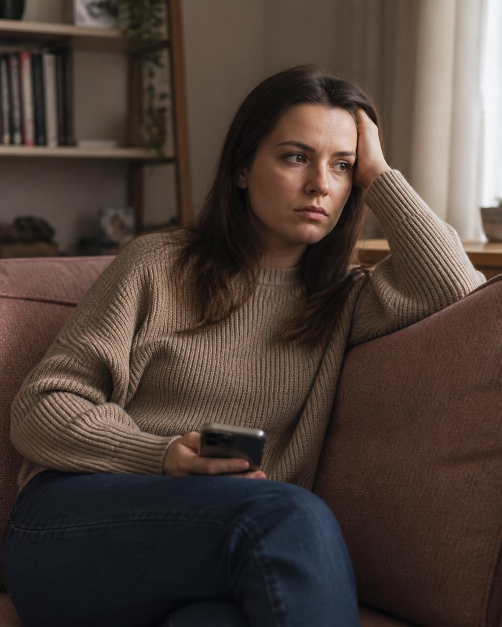 Mulher pensativa em dúvida sobre o relacionamento